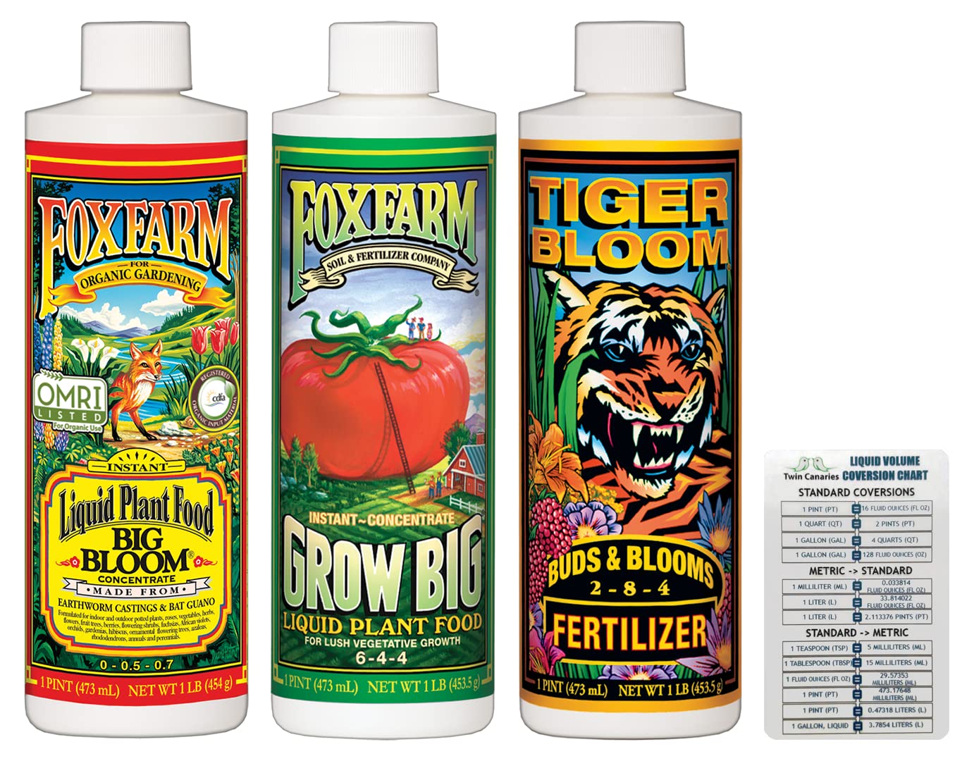 FoxFarm Liquid Nutrient Trio Soil Formula: Big Bloom, Grow Big, Tiger Bloom (Pack of 3-16 oz Bottles) - 3D Root Labs