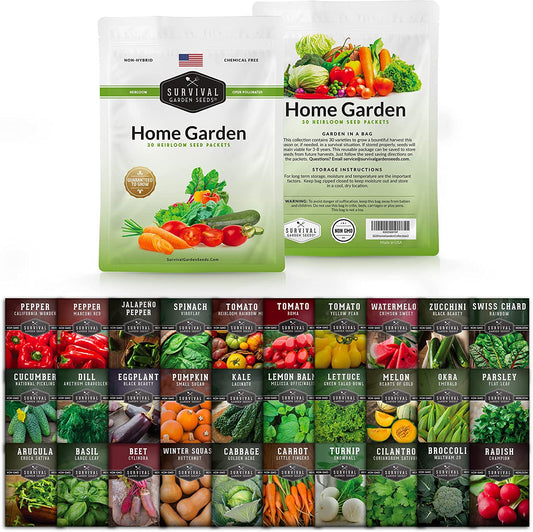 Survival Garden Seeds Home Garden Vegetable & Herb Seed Bank - 30 Pack Non-GMO Varieties - 3D Root Labs